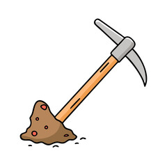 Cartoon Illustration of a Pickaxe in the Ground Unearthing Brown Soil with Red Gems