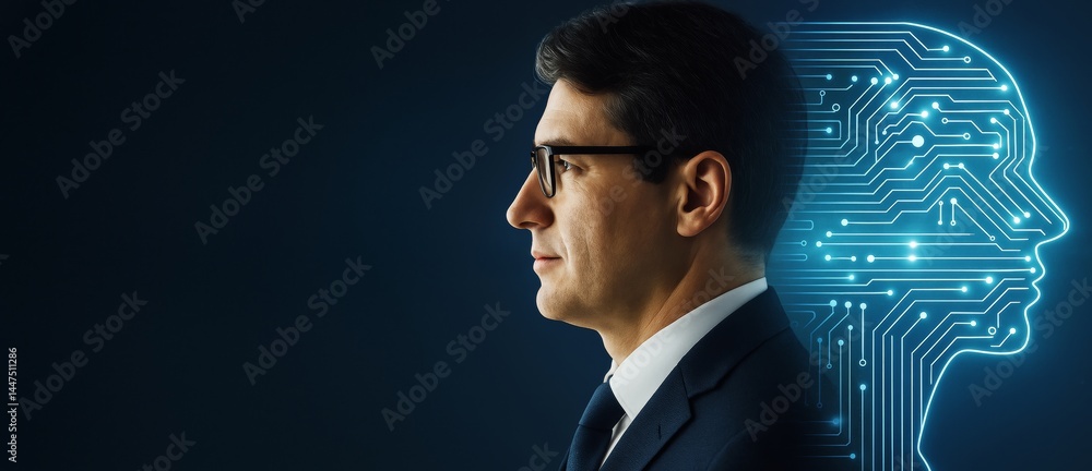 Aufkleber Businessman profile with digital neural circuit head silhouette symbolizing artificial intelligence and machine learning concept on dark background.