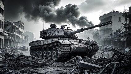 Tank in War-Torn Urban Landscape with Destruction and Smoke