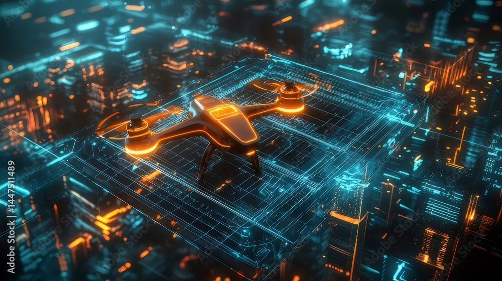 Aufkleber 未来都市上空を飛行するオレンジ色に光るドローン 抽象的なデジタルテクノロジーの世界