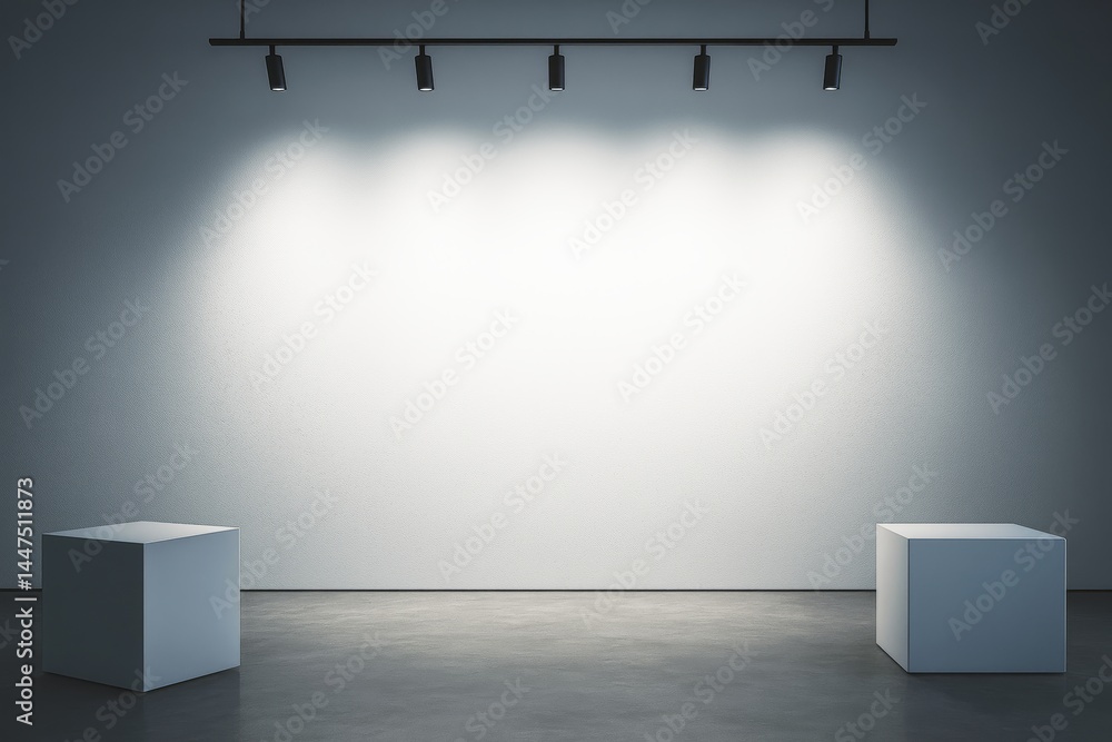 Poster abstract gallery mockup with clean white wall, spotlights, and two display cubes under soft lighting