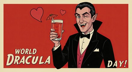 Cheerful Dracula Holding a Drink Celebrating World Dracula Day. Illustration with Gothic Vampire Toasting with a Glass of Bloody Cocktail for Celebration and Holiday Poster