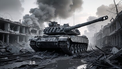 Fototapeta premium Tank in War-Torn Urban Landscape with Destruction and Smoke