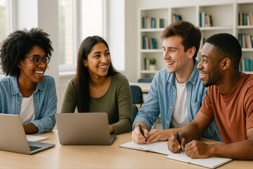 Groupe d’étudiants multiculturel travaillant ensemble sur des ordinateurs portables dans une salle lumineuse, ambiance conviviale et studieuse