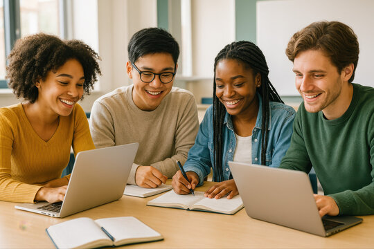 Groupe d&rsquo;&eacute;tudiants multiculturel travaillant ensemble sur des ordinateurs portables dans une salle lumineuse, ambiance conviviale et studieuse
