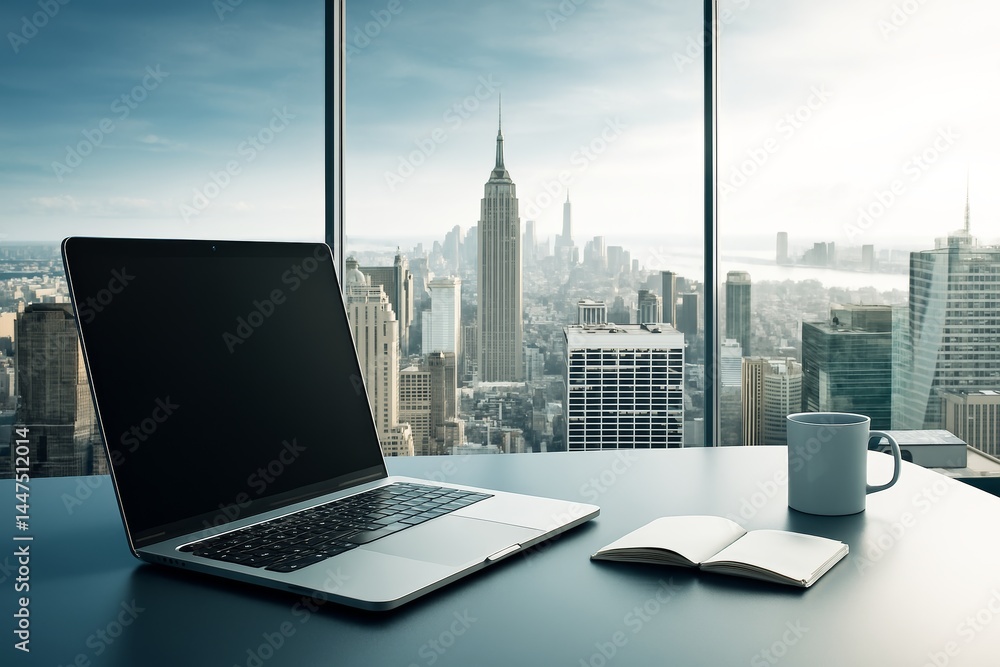 Poster modern office desk with laptop, notebook, and coffee cup in front of large window showing city skyli