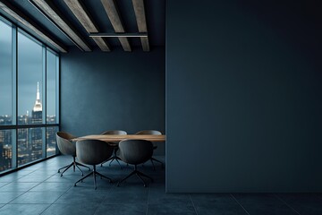 Clean corporate office interior with dark wall and city night view, ideal for branding or poster mockup presentation in business setting.
