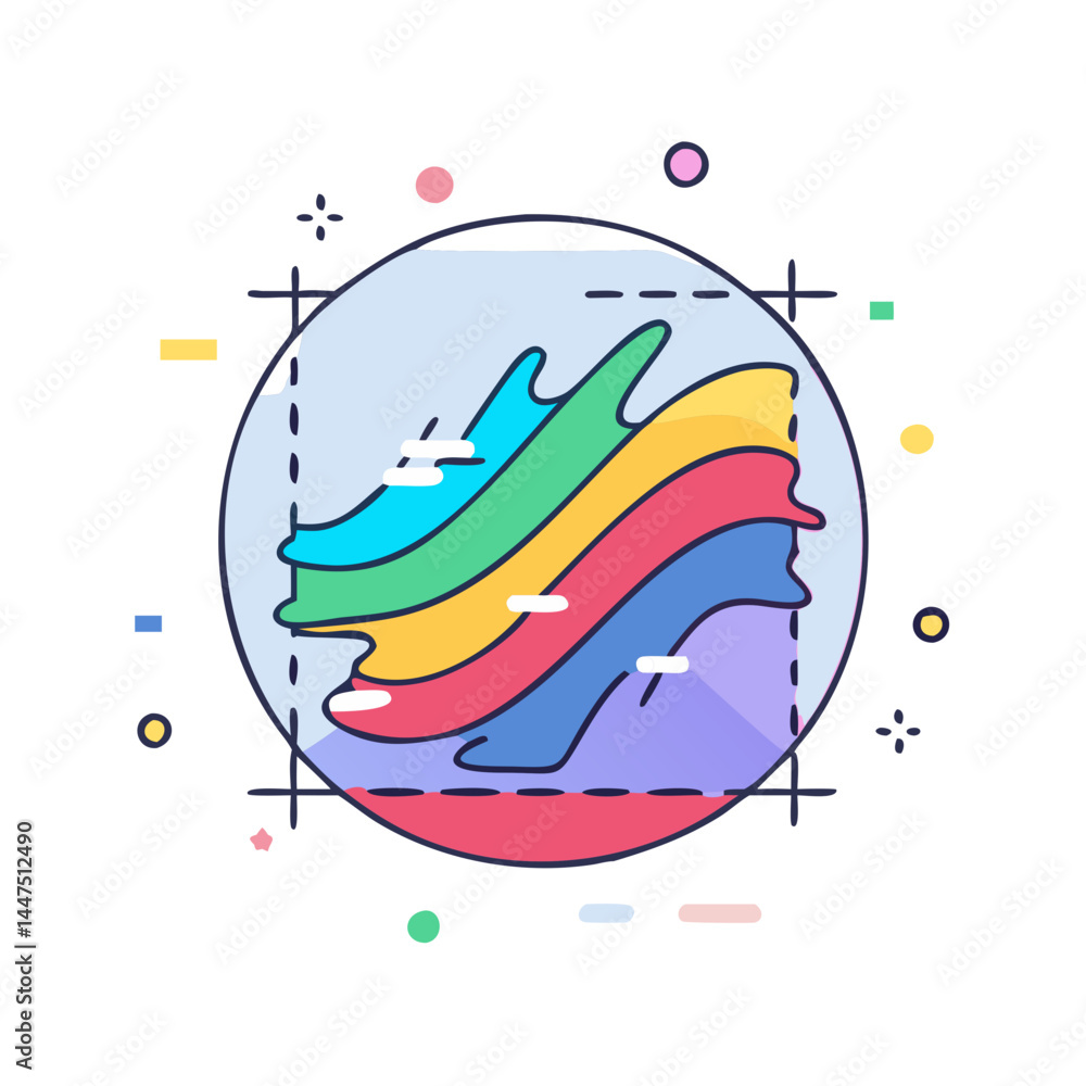 Poster abstract colorful rainbow wave design in a circle frame with geometric elements