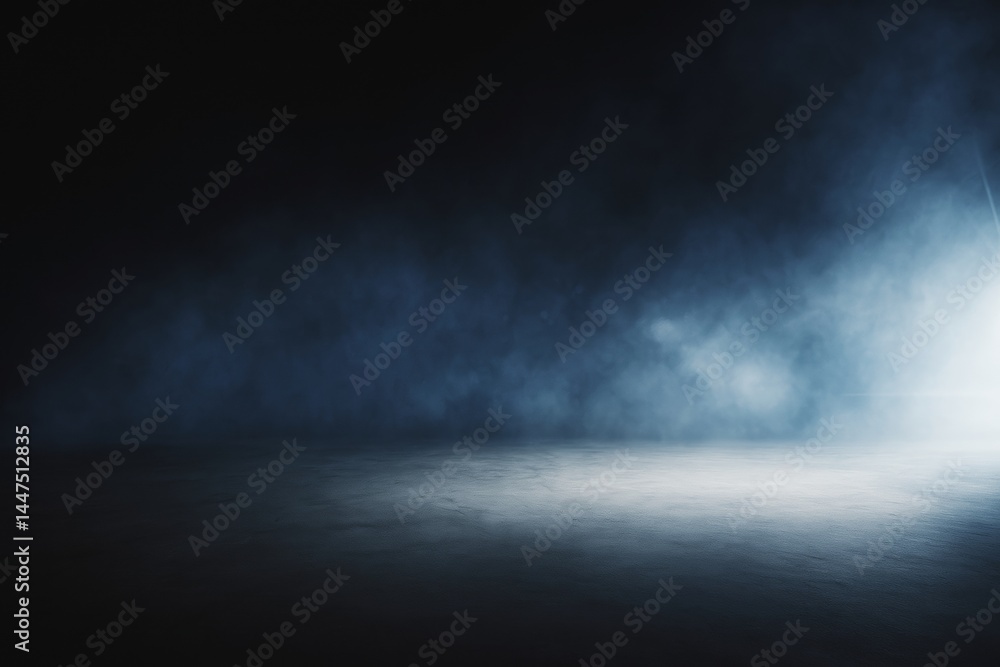 Poster dark empty studio room with spotlight and smoke on floor background for product display, mockup temp