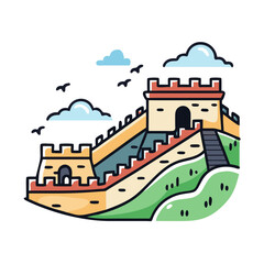 Cartoon Illustration of the Majestic Great Wall of China under a Cloudy Sky