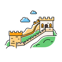 Iconic Illustration of the Great Wall of China with Watchtowers and Rolling Hills Under a Cloudy Sky