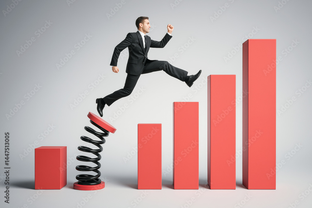 Poster businessman leaping upward from a springboard onto rising red bars symbolizing career growth and amb