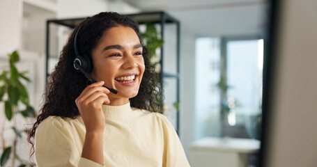 Talking, happy woman and customer service in call center with headset, communication and online...