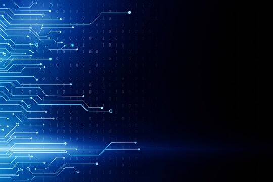 Abstract digital circuit board mockup with binary code on dark blue background for technology layout and futuristic presentation design template.