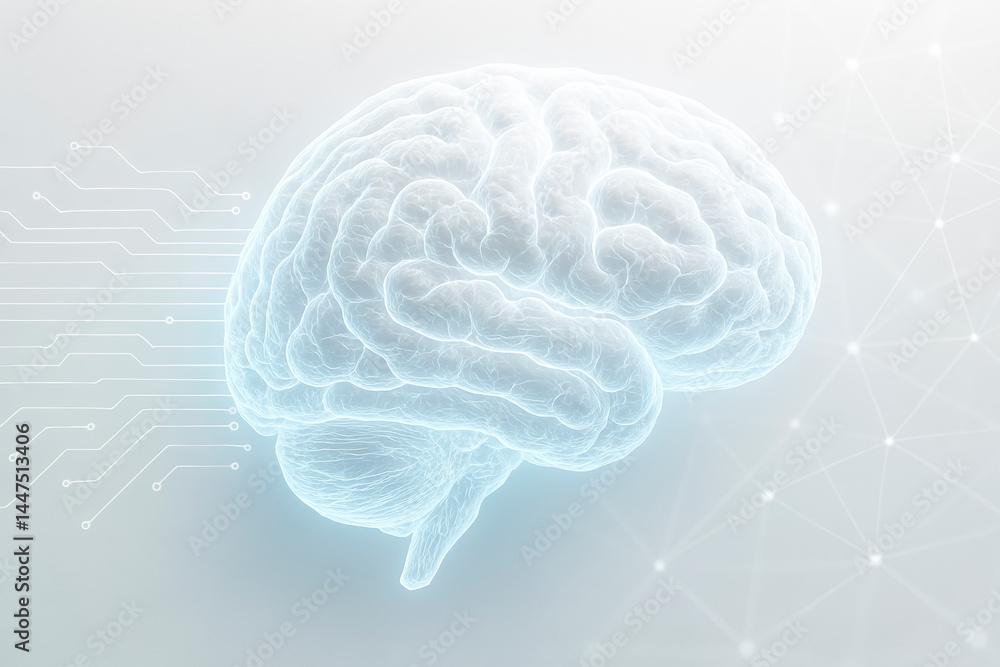 Leinwandbilder Futuristic glowing brain design illustrating artificial intelligence and modern science concepts on a light gradient background. Ai generative.