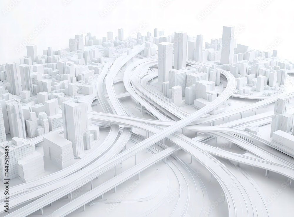 Poster 3d ホワイト 都市 高速道路 交通網 建築構造 デザイン 白い背景 抽象的 表現 ジオメトリ 現代 未来
