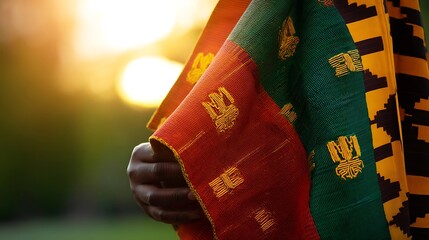 African Liberation Day: Handwoven Kente cloth with golden Adinkra symbols, celebrating African heritage and unity.