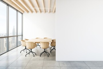 Modern conference room interior with wooden chairs and table near large windows, blank wall on side, ideal for business design mockup or presentation.