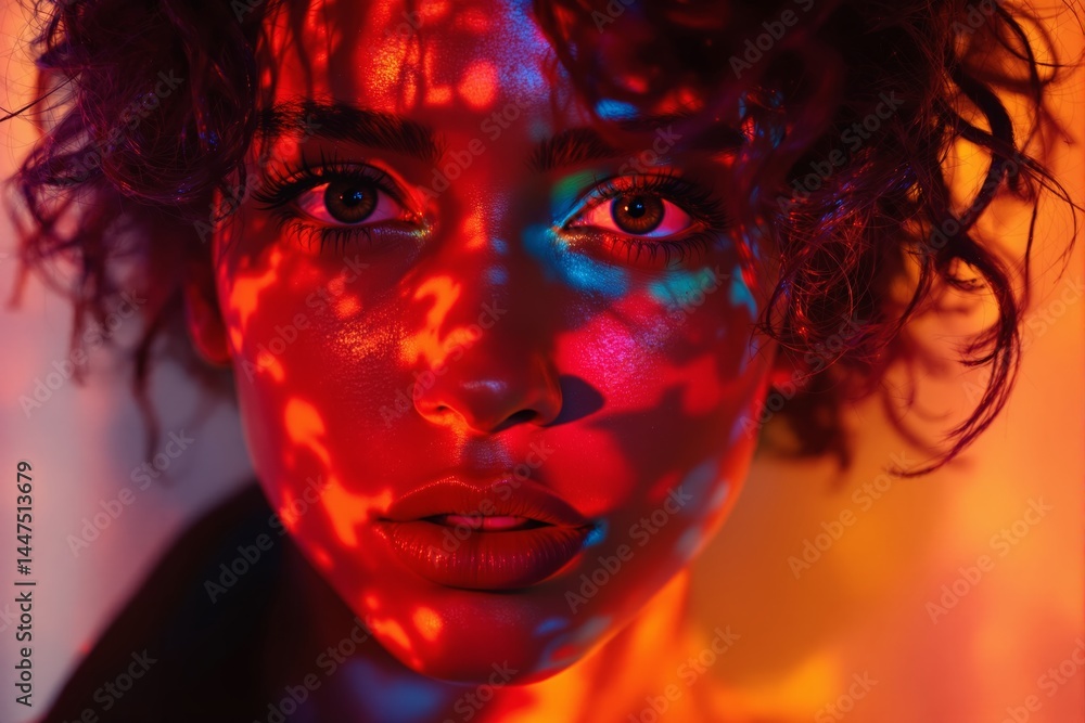 Poster close-up portrait of woman with glowing skin and curly hair under vibrant abstract light patterns on