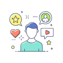 Person surrounded by positive feedback ratings likes and video views