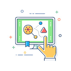 Interactive Data Visualization on Digital Screen A User is Pointing at a Complex Network Diagram Showing Interconnected Nodes and Shapes