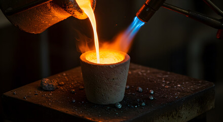 Pouring Molten Metal with Bright Orange Flame and Blue Torch in a Dark Workshop Setting