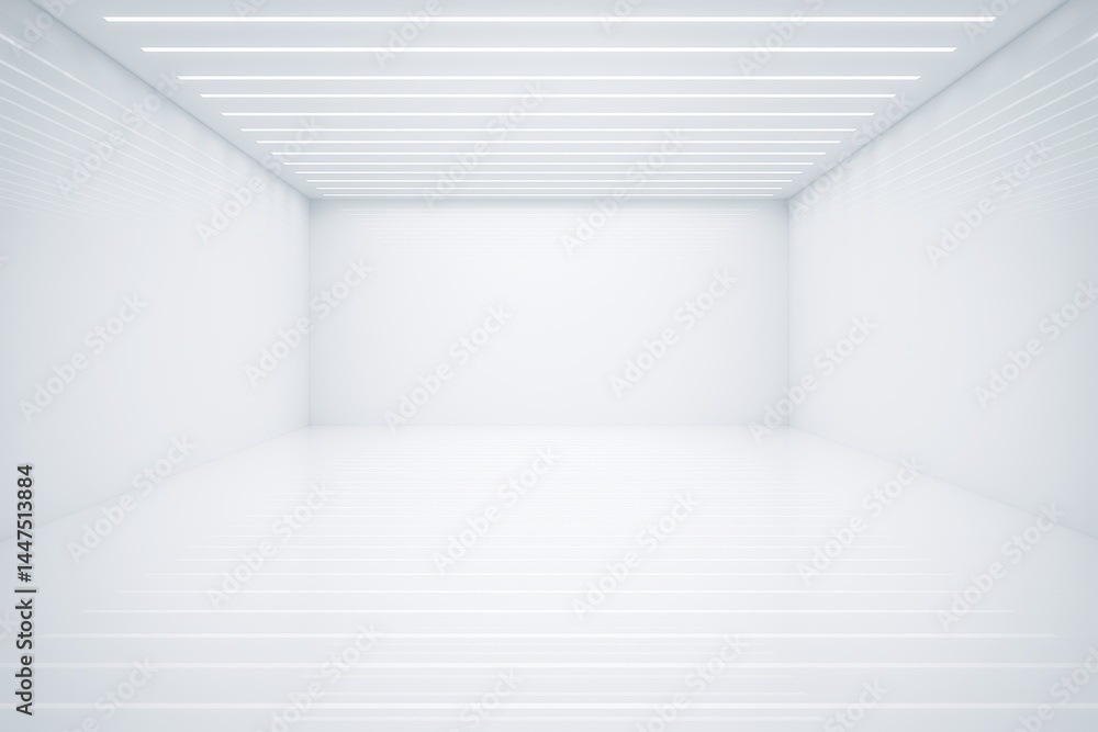 Poster futuristic empty white room with glowing ceiling lines and glossy floor ideal for product mockup or 