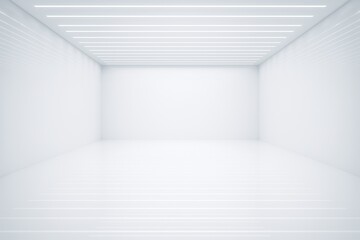 Futuristic empty white room with glowing ceiling lines and glossy floor ideal for product mockup or branding presentation concept in clean space.