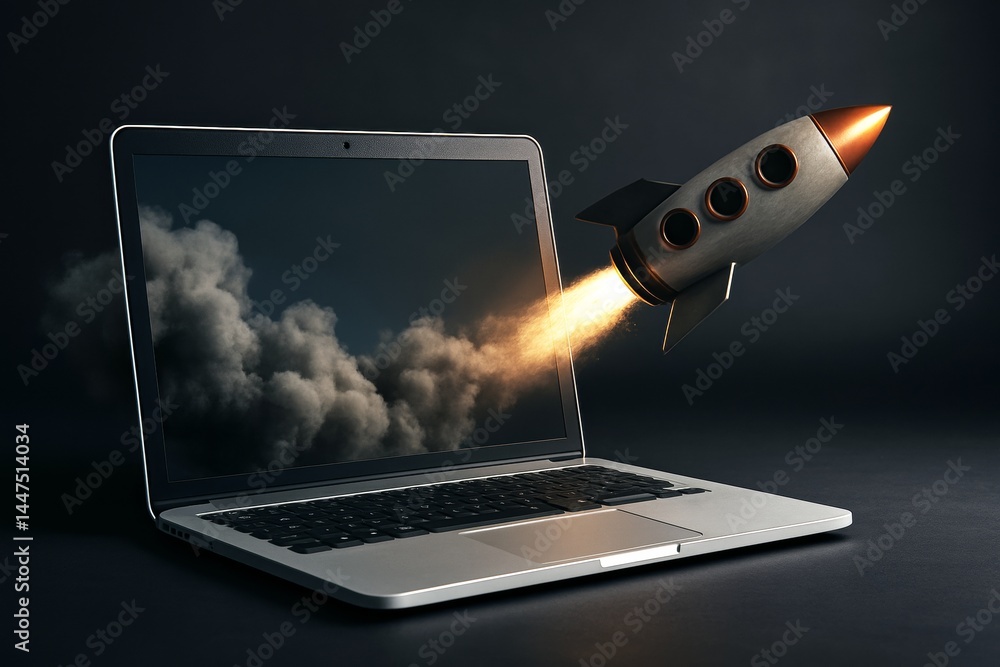 Poster rocket spaceship launching from laptop screen symbolizing startup growth and business success on dar