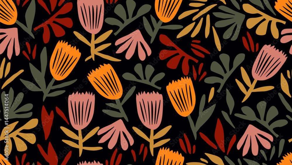 Poster abstract сontemporary seamless pattern with leaves and flowers in trendy boho style. vector botanica