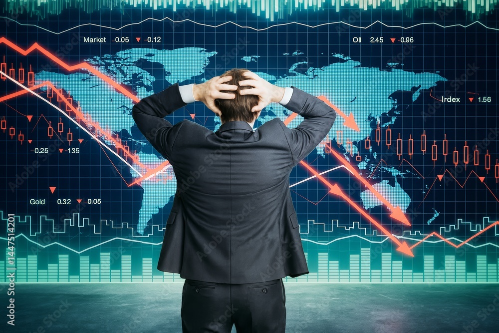 Poster businessman holding head in panic while viewing red descending arrows and global financial charts in