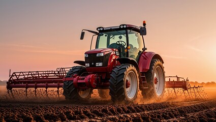 Fototapeta premium Modern Tractor Tilling Soil in Sunset with Precision For Agriculture Purpose