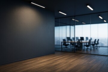 Modern corporate office interior with dark textured wall and glass meeting room, ideal for signage or logo mockup presentation in evening light.
