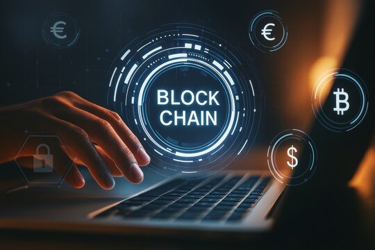 Futuristic blockchain interface with glowing digital symbols and hand typing on laptop in dark tech environment background with abstract light rings.