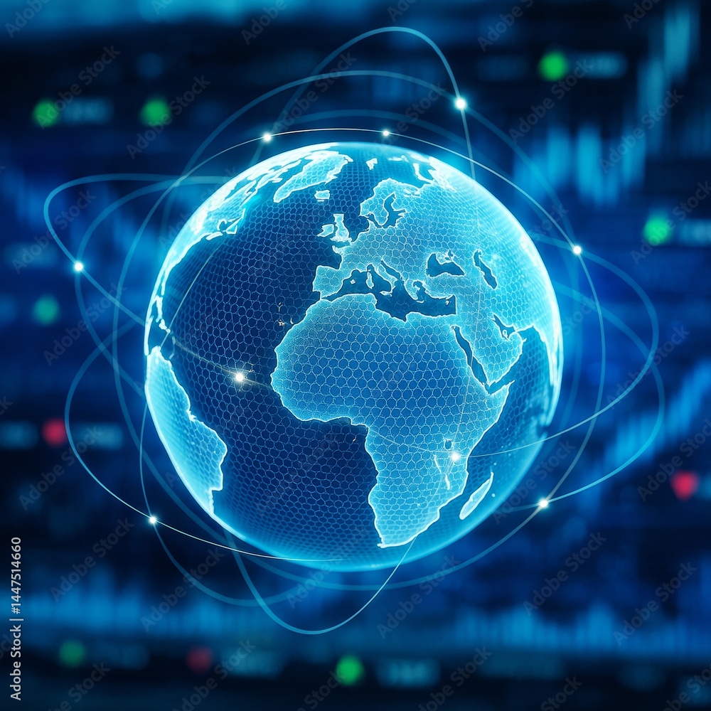 Poster Futuristic glowing digital world map with neon blue Earth and global network connections on a modern business technology background template.