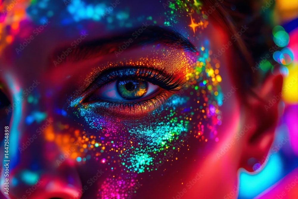 Poster close-up of colorful abstract light effects on woman's face with glowing particles and detailed eye 