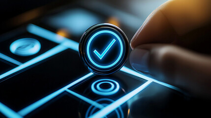 A person using their laptop to include a badge with a check mark and shield icon on it in the digital quality control system interface, indicating that they have 