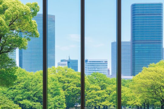 Fototapeta Cityscape view through glass panels with greenery