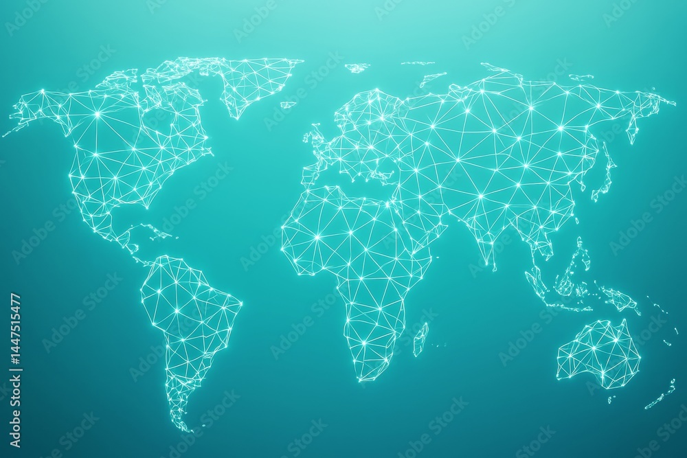 Aufkleber Glowing connected world map formed by geometric lines and dots on teal light background symbolizing global network and digital communication backdrop.