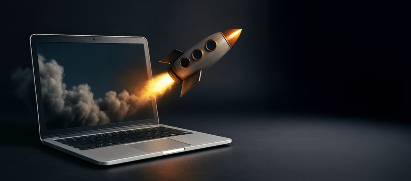 Rocket spaceship launching from laptop screen with fiery trail, symbolizing startup growth, innovation, and technology success concept.