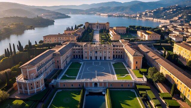 Aerial view of papal palace overlooking lake albano