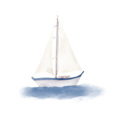 A yacht with white sails and a blue stripe on the side. Watercolor illustration. A small sailing boat, a sea vessel for recreation and travel, isolated on a white background. For marine-style decor