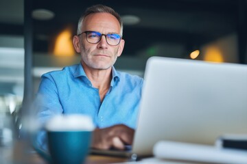 Fototapeta premium Professional man working on laptop in modern office setting during afternoon hours