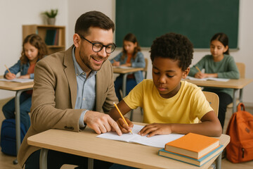 Soutien scolaire individuel entre élève et enseignant dans une salle de classe chaleureuse