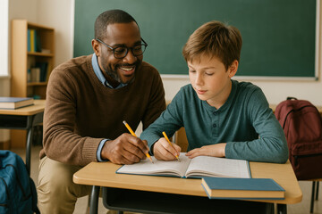 Soutien scolaire individuel entre élève et enseignant dans une salle de classe chaleureuse