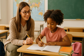 Soutien scolaire individuel entre élève et enseignant dans une salle de classe chaleureuse