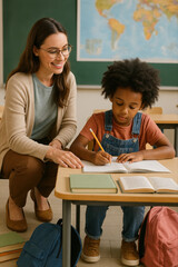 Soutien scolaire individuel entre élève et enseignant dans une salle de classe chaleureuse