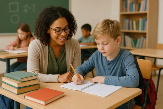 Soutien scolaire individuel entre &eacute;l&egrave;ve et enseignant dans une salle de classe chaleureuse
