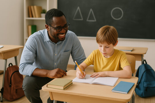 Soutien scolaire individuel entre &eacute;l&egrave;ve et enseignant dans une salle de classe chaleureuse
