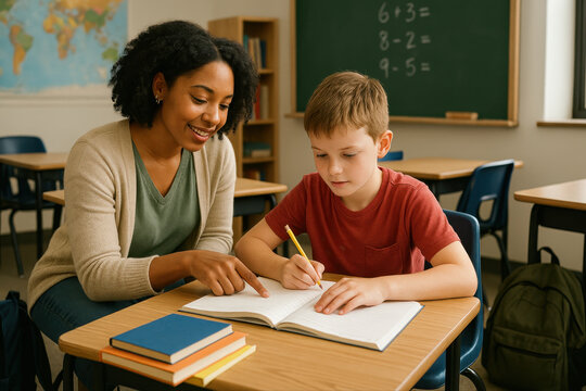 Soutien scolaire individuel entre &eacute;l&egrave;ve et enseignant dans une salle de classe chaleureuse